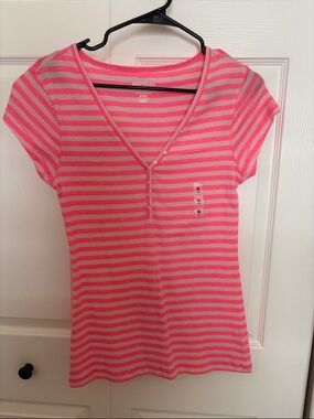 Old Navy Pink & Light Pink Striped Henley Top